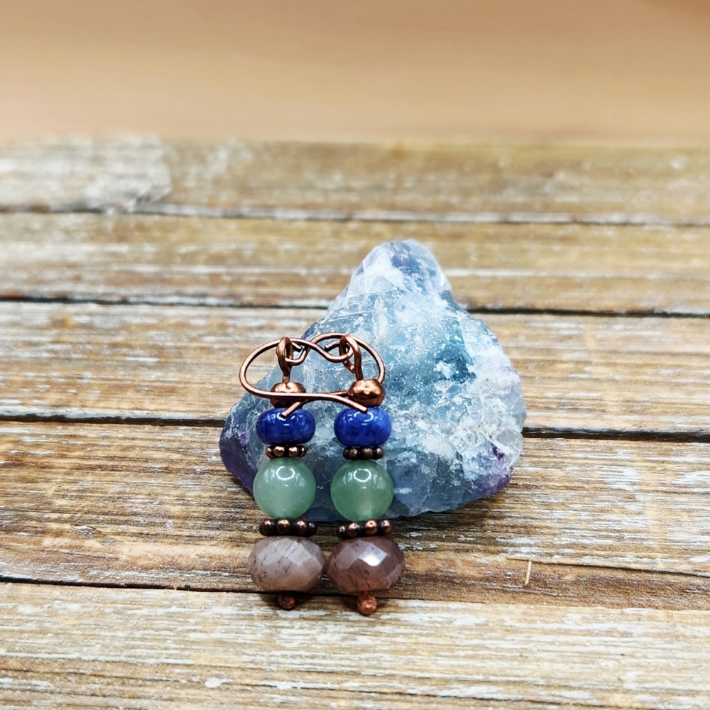 Peach Moonstone, Aventurine, and Purple Jade Stacked Earrings